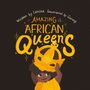 "Amazing African Queens." Kind mit Krone, gelbes und schwarzes Farbschema, Illustration mit funkelnden Elementen.
