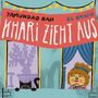 "Khari zieht aus", ein rotes Banner mit Schrift. Illustration: Eine Katze und ein Kind schauen aus zwei Fenstern.