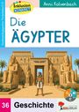 "Die Ägypter" in blauer Schrift, Illustration eines ägyptischen Tempels mit einer Figur in der Mitte und zwei großen Statuen.
