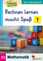 "Rechnen lernen macht Spaß 1." "Mathematik 32." Bunte Würfel mit Zahlen, im Hintergrund verschwommene Spielsachen.
