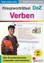 "Kreuzworträtsel DaZ Verben", "Den Grundwortschatz anwenden und trainieren". Junge lächelt mit Ordner.