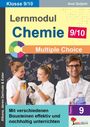 Texte: "Lernmodul Chemie 9/10", "Multiple Choice", "Mit verschiedenen Bausteinen effektiv und nachhaltig unterrichten".  
Drei Personen im Labor.