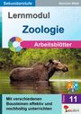 "Lernmodul Zoologie" steht im Mittelpunkt. Eine Illustration mit einem Elch im Wasser und verschiedenen Textblöcken.