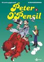 „Peter O’Pencil“ in gelber Schrift, daneben ein Mann auf einem Büffel mit Kamera, ein anderer schreibt auf einem Klemmbrett.