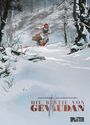 Der Text lautet: "Die Bestie von Gévaudan". Eine Person rennt blutend durch tiefen Schnee in einem dunklen Wald.