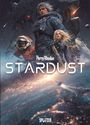 Text: "Perry Rhodan STARDUST" und "SPLITTER". Illustration: Futuristische Figuren in Raumanzügen vor einem Planeten mit Stadtlichtern.
