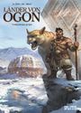 Titel „Länder von Ogon“. Ein Krieger mit Speer steht neben einem großen, fauchenden Tier vor einer Winterlandschaft und Kuppel.