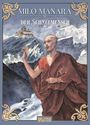 „Milo Manara: Der Schneemensch“. Illustration: Mönch vor schneebedeckten Bergen und einem fernen Kloster.