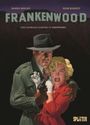 „FRANKENWOOD“, „Eine schwarze Komödie in Parodirama“, Mann mit Hut und Frau in rotem Kleid, dunkle Kulisse.