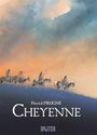 "Patrick Prugne Cheyenne" oben, dunkles Logo unten. Illustration: Fünf Reiter auf Pferden am Horizont, wolkiger Himmel.