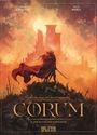 „CORUM“, „Der Ritter der Schwerter“. Ein Krieger mit rotem Umhang steht vor einer Burg in einer dramatischen Illustration.