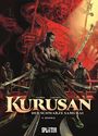 Deckblatt mit dem Titel "KURUSAN: DER SCHWARZE SAMURAI", mehrere Krieger mit Schwertern, dramatische Beleuchtung.