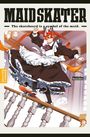 „MAIDSKATER: The skateboard is a symbol of the maid.“ Eine Maid skatet eine Treppe hinunter. Hochdynamische Szene.