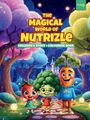 "The Magical World of Nutrizle: Children's Story + Colouring Book." Drei fröhliche Cartoon-Gemüsefiguren auf Waldweg.