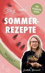 "Stay cool SOMMER-REZEPTE", "100% PFLANZLICHE ZUTATEN". Illustration einer Wassermelone, Frau mit Salatschüssel. 
