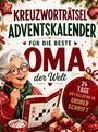 „Kreuzworträtsel Adventskalender für die beste Oma der Welt.“ Illustration mit lächelnder Oma, Tasse und Weihnachtsdeko.