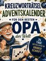 „Kreuzworträtsel Adventskalender für den besten Opa der Welt, 24 Tage Rätselspaß in großer Schrift.“ Illustration mit fröhlichem alten Mann, Weihnachtsschmuck und Geschenken.