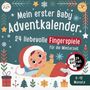 "Mein erster Baby Adventkalender. 24 liebevolle Fingerspiele für die Winterzeit. Inkl. 24 Kontrastbilder. 0-12 Monate." 

Illustration: Baby im Weihnachtsthema mit Geschenken und Schneeflocken.
