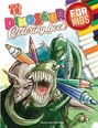 Text: "AGES 4-8", "DINOSAUR Coloring book", "FOR KIDS". Illustration von Dinosauriern mit Buntstiften und Stiften.