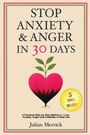 Text: "STOP ANXIETY & ANGER IN 30 DAYS". Illustration: Ein Herz mit Blättern darauf, gelbes Siegel mit "5 BONUS INCLUDED".