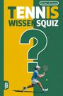 "TENNIS WISSENSQUIZ, 100 Fragen - 400 Antworten. Illustration: Tennisspieler und großes Fragezeichen auf gelb-grünem Hintergrund."