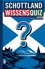 "Schottland Wissensquiz” auf schottischer Flagge, große Fragezeichenillustration, Silhouette von Burgen an Flusslandschaft.