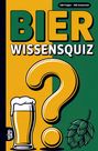 Text: "Bier Wissensquiz. 100 Fragen - 400 Antworten." Mit Glas, Fragezeichen und Hopfen illustriert.