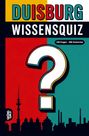 "Duisburg Wissensquiz" in großen Buchstaben. "100 Fragen - 400 Antworten." Illustration mit einem großen Fragezeichen und einer Stadtsilhouette.