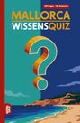 "100 Fragen - 400 Antworten. Mallorca Wissensquiz. Illustration: Küste mit Strand, Meer und Himmel, großes Fragezeichen."