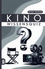 "KINO WISSENSQUIZ" steht zwischen einem Filmstuhl und einer Kamera. Oben: "100 Fragen - 400 Antworten". Illustration.
