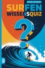 „Surfen Wissensquiz“, „100 Fragen - 400 Antworten“. Illustration: Surfer auf Welle, großes Fragezeichen.