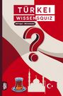 "Türkei Wissensquiz, 100 Fragen - 400 Antworten." Großes rotes Fragezeichen, türkische Symbole: Tee, Moschee, Flagge.