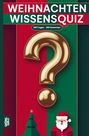 Weihnachten Wissensquiz: 100 Fragen - 400 Antworten. Goldenes Fragezeichen, grüner Baum, roter Weihnachtsmann-Illustration.