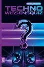 TECHNO WISSENSQUIZ. 100 Fragen - 400 Antworten. Illustration mit großem Fragezeichen und zwei Lautsprechern.