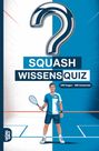 "SQUASH WISSENSQUIZ" und "100 Fragen - 400 Antworten". Eine Illustration zeigt einen Mann mit Squashschläger.