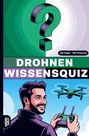 „100 Fragen - 400 Antworten. DROHNEN WISSENSQUIZ.“ Illustration: Ein Mann steuert eine grüne Drohne am Himmel.