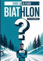 "Stadt, Land, Fluss BIATHLON", "60 x A4 Spielblöcke". Illustration: Skifahrer vor verschneiten Bäumen mit Fragezeichen.