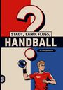 Text: "Stadt, Land, Fluss, Handball", "60 x A4 Spielblöcke". Illustration: Sportler mit Handball, rotes Trikot.