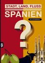 „STADT, LAND, FLUSS“, „SPANIEN“, „60 x A4 Spielblöcke“. Illustration: Oliven, Stier, Sagrada Família, Fragezeichen.