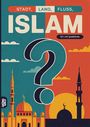 Stadt, Land, Fluss, Islam. 60 x A4 Spielblöcke. Illustration mit Moscheen, Minaretten und einem Fragezeichen.