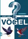 STADT, LAND, FLUSS, VÖGEL. 60 x A4 Spielblöcke. Zwei fliegende Vögel. Fragezeichen im Hintergrund.