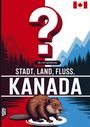 Text: "60 x A4 Spielblöcke", "Stadt, Land, Fluss, Kanada". Illustration: Fragezeichen, Biber, kanadische Landschaft, Flagge.