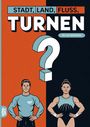 "Stadt, Land, Fluss, TURNEN", "60 x A4 Spielblöcke". Illustration: Sportler und Sportlerin, ein großes Fragezeichen.