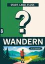 „STADT, LAND, FLUSS – WANDERN“, Fragezeichen, Wanderer mit Rucksack in einer Landschaft, Berge im Hintergrund.