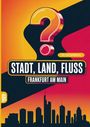 "Stadt, Land, Fluss: Frankfurt am Main." Farbige Gestaltung mit einem großen Fragezeichen und Skyline von Frankfurt.