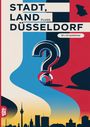 Text: "STADT, LAND, FLUSS, DÜSSELDORF. 60 x A4 Spielblöcke." Illustration eines Fragezeichens über Stadtsilhouette.
