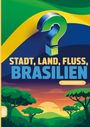 "Stadt, Land, Fluss, BRASILIEN" in großen Buchstaben, vor Regenbogen und tropischer Landschaft. 60 x A4 Spielblöcke.
