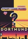 Text: "STADT, LAND, FLUSS", "60 x A4 Spielblöcke", "DORTMUND". Illustration mit einem Fragezeichen und einem Stadtsilhouetten-Hintergrund.