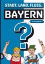 "STADT, LAND, FLUSS, BAYERN" steht oben. Illustration: Fröhlicher Mann und Frau in bayerischer Tracht, beide zeigen nach oben.