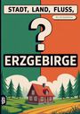 „STADT, LAND, FLUSS, ERZGEBIRGE“, 60 x A4 Spielblöcke. Illustration mit Holzhaus und Bäumen im Hintergrund.